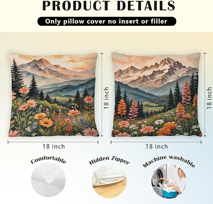 JINYO Watercolor Wildflower Mountain Meadow Pillow Covers 18x18 Set of 2, Pastel Nature Forest Landscape Decorative Throw Pillow Covers for Living Room Bedroom Home, Nature Room Decor
