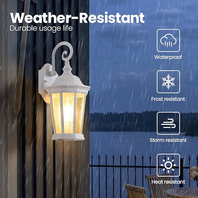Outdoor Wall Lantern, Waterproof Exterior Wall Light Fixtures, Outdoor Porch Light Fixtures Wall Mount in White Finish with Clear Glass, Aluminum Alloy, 60W