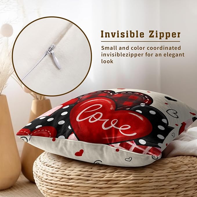 Valentines Day Pillow Covers 18x18 Inch Set of 2, Red Black Plaid Dots Hearts and Love Design Square Pillowcases for Sofa Couch Bed Chair Indoor Outdoor Home Decor