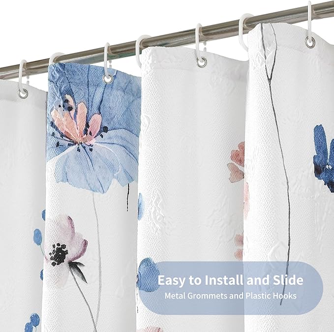 QiyI Extra Long Shower Curtain 72 x 84, Watercolor Floral Bath Curtain, 3D Embossed Butterflies Blue Flower Cloth Bathroom Curtains, Waterproof Fabric Farmhouse Textured Shower Curtain Set with Hooks