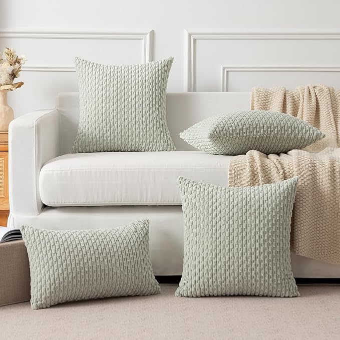 Kevin Textile Pack of 2 Corduroy Decorative Throw Pillow Covers 12x20 Inch Spring Soft Boho Striped Pillow Covers Modern Farmhouse Home Decor for Spring Sofa Living Room Couch Bed Light Green