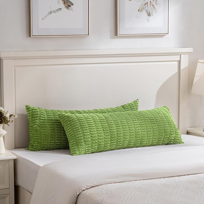 Fancy Homi 1 Pack Lime Green Long Lumbar Body Decorative Throw Pillow Covers 14x36 Inch for Bed Couch Bedroom Bench, Soft Corduroy Rectangle Solid Pillow Case 35x91 cm, Rustic Farmhouse Boho Decor
