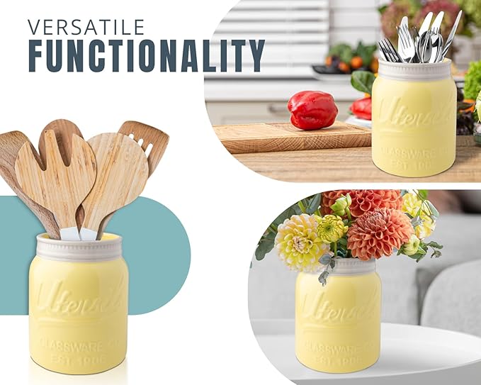 Comfify Wide Mouth Mason Jar Utensil Holder Decorative Kitchenware Organizer Crock, Dishwasher Safe - Kitchen Caddy Green, Large Size 7" High - Yellow