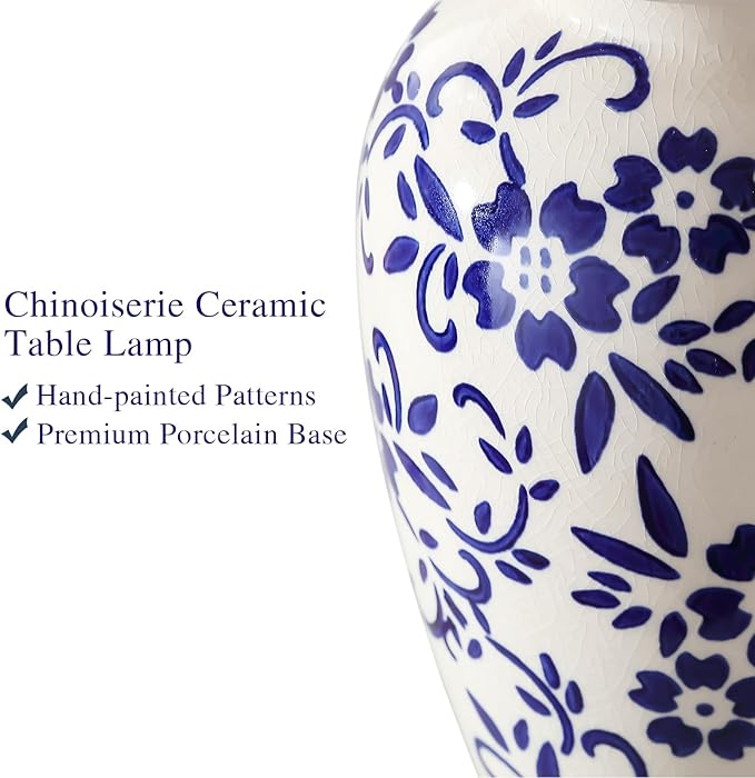 RORIANO Chinoiserie Ceramic Table Lamps Set of 2 for Living Room Bedroom Bedside, Traditional Blue Porcelain Classic Table Lamp for Nightstand Entryway, 2 LED Bulbs Included (Gold)