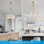 XINGQI Gold Chandelier Modern Farmhouse 6-Light 19.7" Water Ripple Glass Drum Chandeliers Height Adjustable Rustic Pendant Lighting Fixture for Dining Room Living Room Kitchen Island Bedroom