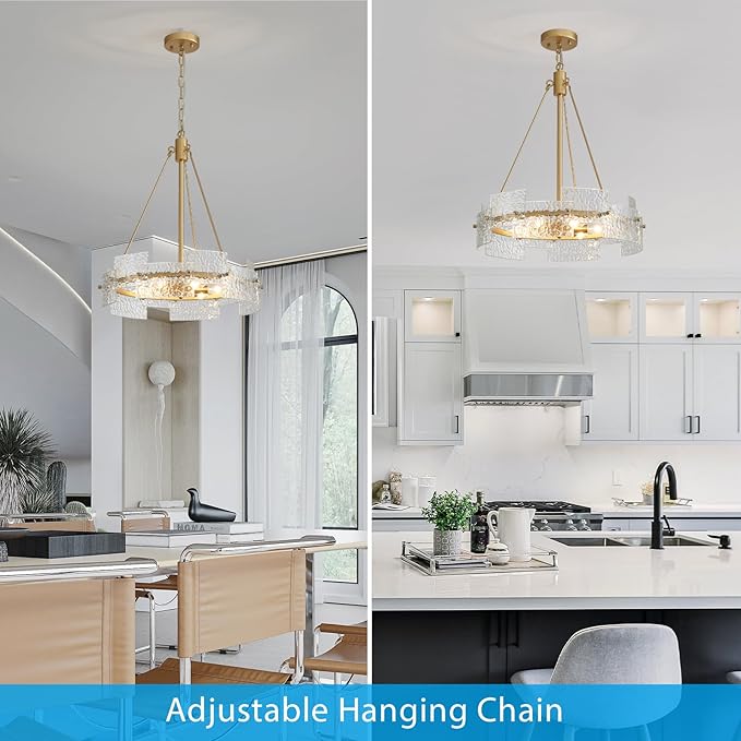 XINGQI Gold Chandelier Modern Farmhouse 6-Light 19.7" Water Ripple Glass Drum Chandeliers Height Adjustable Rustic Pendant Lighting Fixture for Dining Room Living Room Kitchen Island Bedroom
