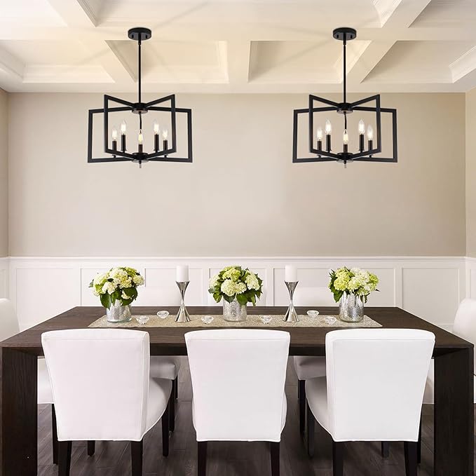 Black Chandelier, 5-Light Dining Room Light Fixture Geometric Metal Modern Industrial Chandelier Lighting for Farmhouse Living Room Entryway Kitchen (Black, E12 Bulbs Not Included)
