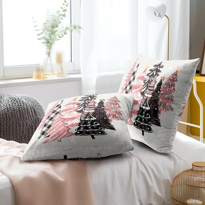 Christmas Tree Pillow Covers 20x20, Set of 2 Xmas Pine Trees Pink Black Plaid Snowflakes Winter Decorative Pillowcases Square Cushion Cover for Sofa Couch Bed Home Car