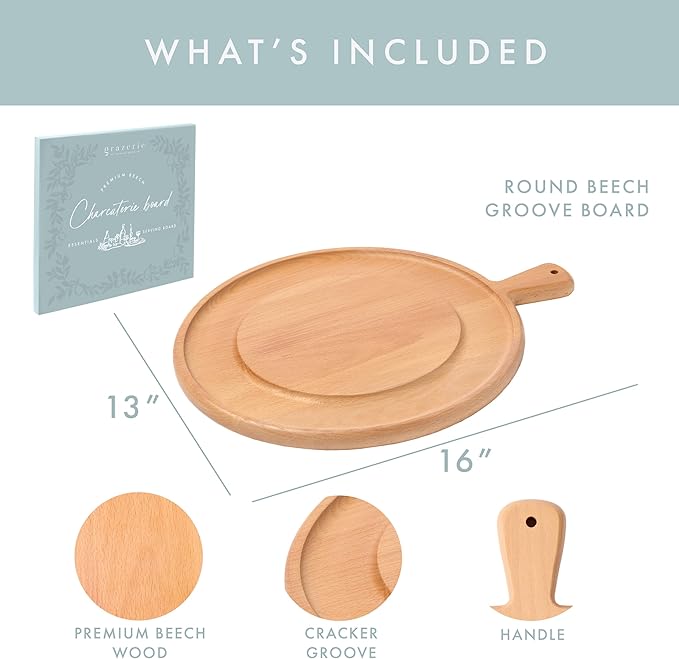 Charcuterie Board - Round Solid Wood Cutting Board for Kitchen with Groove & Handle, Cheese Board for Vegetables, Bread, Fruits, Meat - Decorative Wooden Serving Tray House Warming Gift