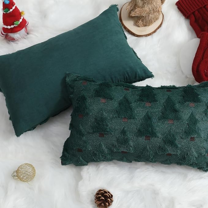 Christmas Pillow Covers 12x20 inch Set of 2 Xmas Decorations Soft Plush Faux Fur Wool Green Christmas Tree Throw Pillow Cases Winter Holiday Decor for Sofa Living Room PT-002A12