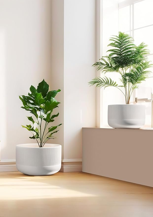 Ceramic Planters - 10+12 Inch Large Pots for Indoor & Outdoor Plants, Modern Flower Pots with Drainage Holes and Self Watering Devices, House White Big Plant Pot, Set of 2