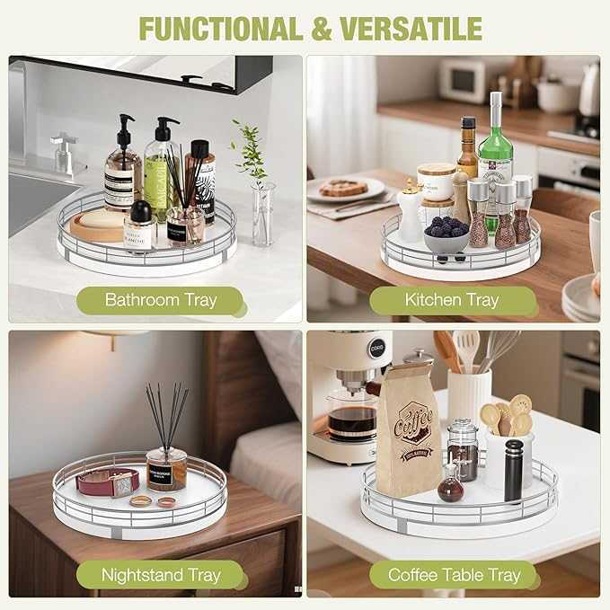 Bathroom Vanity Tray Wood - 10" Round Bathroom Tray Countertop, Holds Perfume Soap Dispenser Cosmetics Key Trinket Ring - Decor Counter Tray for Kitchen Nightstand Entryway, White and Sliver