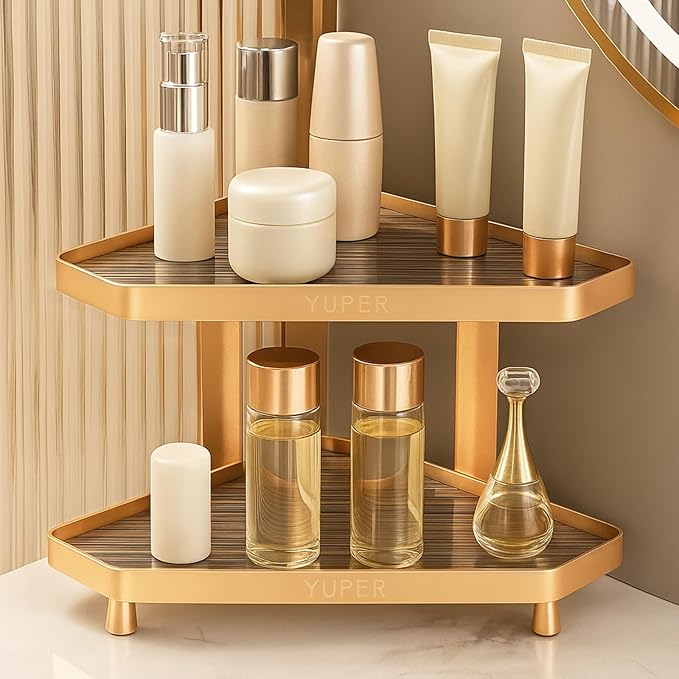 YUPER Corner Bathroom Counter Organizer, 2 Tier Countertop Corner Shelf for Perfume, Makeup Organizer, Skincare Organizers, Vanity Storage Tray for Bedroom, Bathroom Sink Shelf