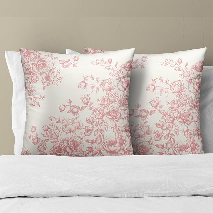 Vintage Flowers Throw Pillow Covers 20x20 Inch, Set of 2 Chinoiserie Pink Floral Decorative Pillowcases Double Sides Square Cushion Cover for Couch Sofa Bed Farmhouse Home Decor