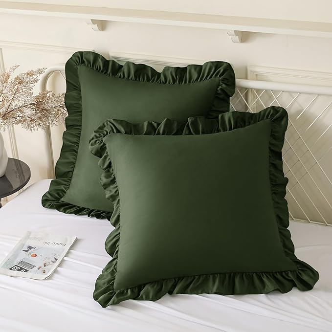 KKJIAF Ruffle Pillow Cases 18x18 Inches, Olive Green Square Ruffled Pillow Covers Set of 2, Microfiber Wrinkle Resistant Pillow Shams with Envelope Closure for Sofa Bed Living Room