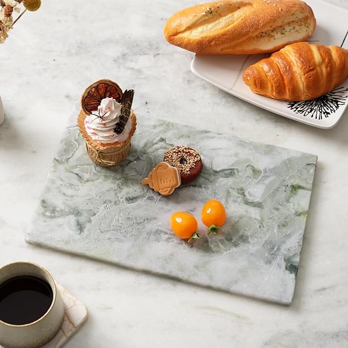 Koville Green Marble Cutting Board for Kitchen Countertop, 12" x 8" Real Marble Pastry Board Stone Slab Stone Cheese Boards for Home Decor, Bathroom Perfume Tray Candle Plate(Bianco Palomino)