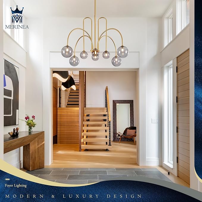 Modern Chandelier 8 Lights Gold Sputnik Light Fixture Large Luxury L41” Mid Century Smoke Glass Globe Ceiling Pendant Lighting for Foyer Staircase Living Dining Room Kitchen