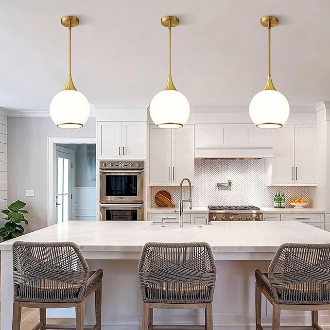 Pendant Lights Kitchen Island: 3 Pack Gold Light Fixture Modern with Frosted Glass - 10 Inch Mid Century Globe Kitchen Lighting Fixtures Ceiling for Foyer Bedroom
