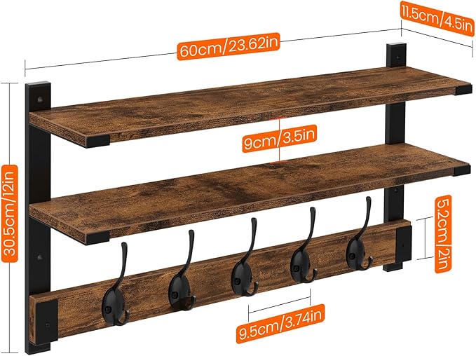Homode Coat Rack Wall Mount with Shelf, Two-Tier Entryway Wall Shelf with Hooks, 24 in Wood Floating Storage Shelves, Coat Hanger for Hanging Hat Towel Jacket Purse Backpack, Rustic Brown