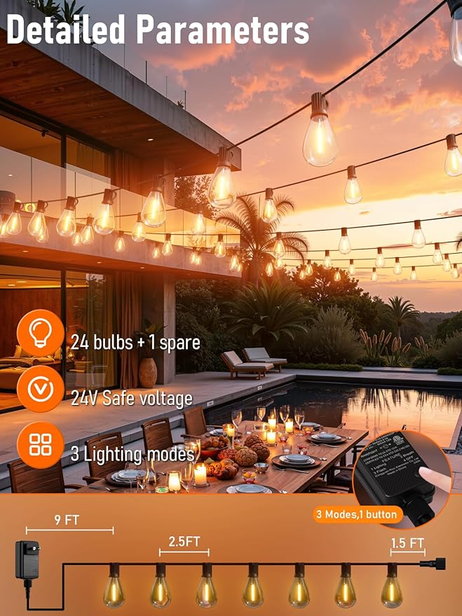 luckystyle 70FT LED Outdoor String Lights with Remote, 24+1 Shatterproof Bulbs Waterproof and Dimmable Patio Lights for Porch, Garden, Backyard, Deck, Balcony, 2200K Hanging Lighting