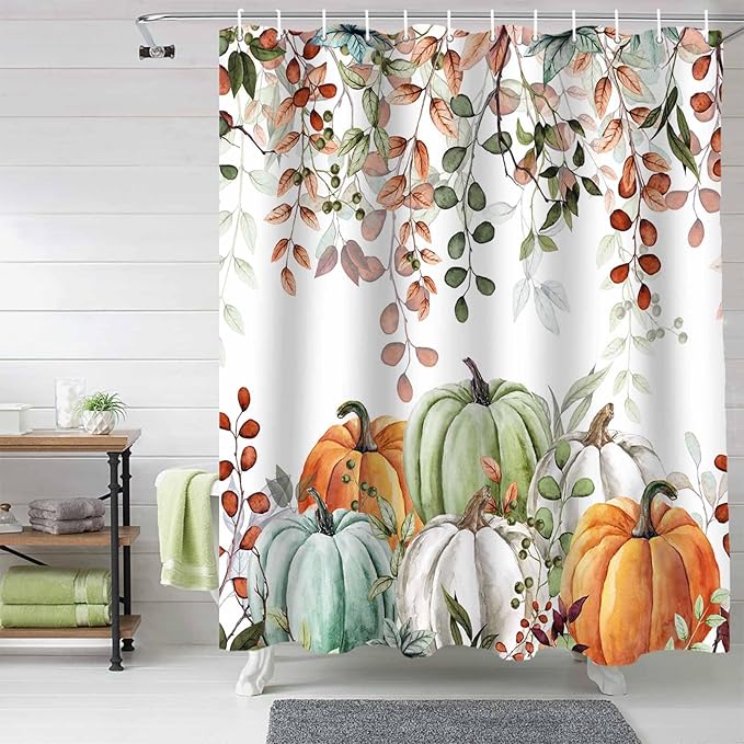 Fall Thanksgiving Shower Curtain, Autumn Pumpkins Eucalyptus Leaves Shower Curtains Set with Hooks, Blue Sage Green Orange Waterproof Fabric Bathroom Curtains Decor Home Accessories,Stall 48 X 72 Inch