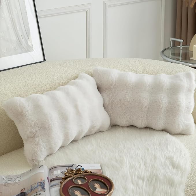 MANDIOO Pack of 2 Thick Plush Wool Decorative Throw Pillow Covers Super Soft Wave Bubble Fur Velvet Cushion Covers Pillow Shams for Couch Bed Living Room 12x20 Inch Cream White