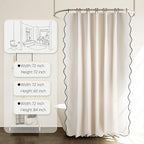 Beige Scalloped Edge Shower Curtain Linen Textured with 12 Metal Hooks Cute Chic Heavy Duty Washable Waterproof Neutral Thick Shower Curtain Sets for Hotel Bathroom 72x72 inches