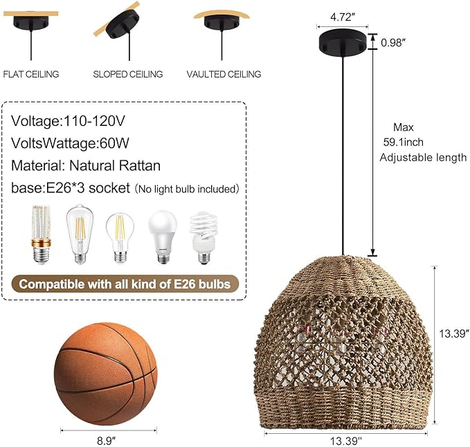 Rattan Boho Pendant Light Fixtures, Farmhouse Hanging 3-Light Wicker Chandelier,Hand-Woven Seagrass Kitchen Islands Chandeliers for Dining Room Entryway Foyer 13.39"