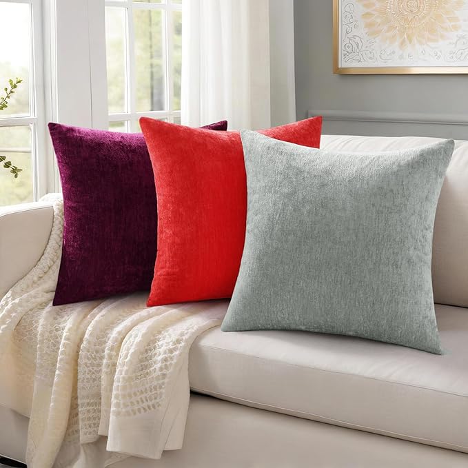 decorUhome Chenille Grey Throw Pillow Covers 12x20 Inch Set of 2, Decorative Soft Couch Pillow Covers Solid Dyed Accent Velvet Farmhouse Neutral Rectangle Pillow Cases for Sofa Bed Living Room