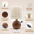 Small Pleated Table Lamp for Bedroom, Bedside Lamps for Nightstand, Dimmable Desk Lamp Ceramic Wood Grain Base Round Flaxen Fabric Shade for Living Room, Kids Room, LED Bulb Included (Modern)