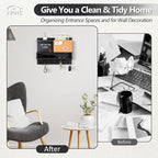 Key Holder for Wall Mount with Mail Organizer, Farmhouse Key Holder for Wall with Shelf, Chalkboard&Corkboard, Entryway Organizer 11 Metal Hooks, Decorative Natural Pine Wood, 14.6*11.1*3.3”, B-Black