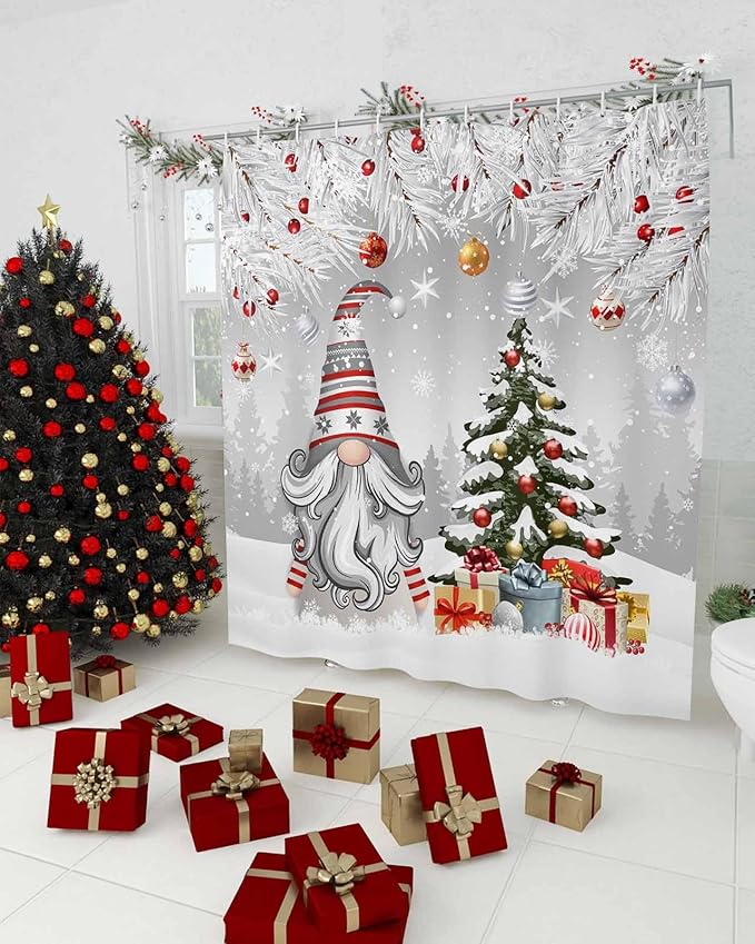 Vandarllin Christmas Gnome Shower Curtain, Winter Merry Christmas Tree Balls Shower Curtains Set with Hooks, Grey Waterproof Fabric Bathroom Curtains Decor Home Accessories,72X 96 Inch Extra Long