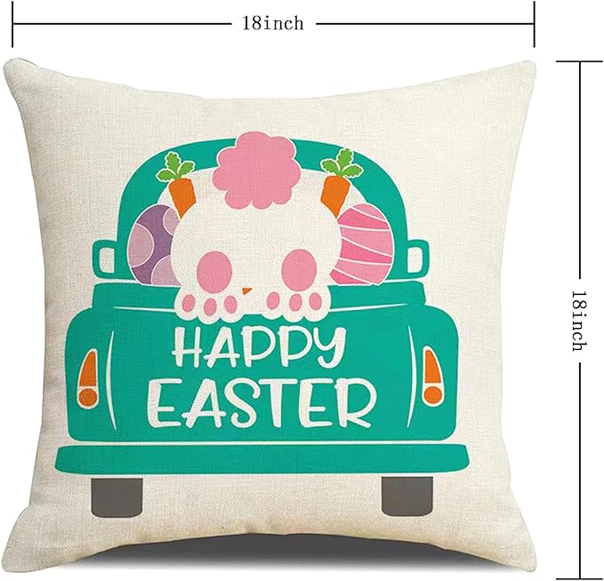 Easter Decor-Throw Pillow Covers 18x18in Set of 4,Spring Linen Pillow Case with Bunny and Egg for Large Couch Sofa Home Indoor Outdoor Holiday Home Decorations