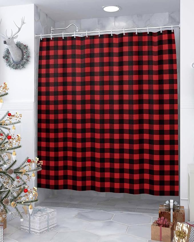 Vandarllin Fabric Shower Curtain 48X72 Inch,Waterproof Washable,Rustic Red Black Buffalo Check Plaid Pattern Barh Curtains