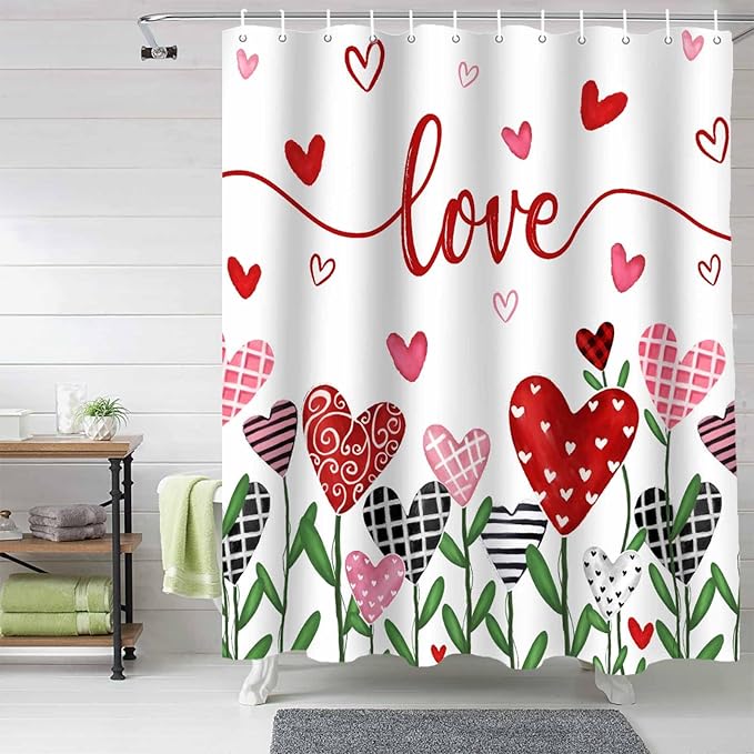 Vandarllin Valentine's Day Shower Curtain, Pink Red Love Shower Curtains Set with Hooks, Romantic Heart Leaves Waterproof Fabric Bathroom Curtains Decor Home Accessories,Stall 36 X 72 Inch