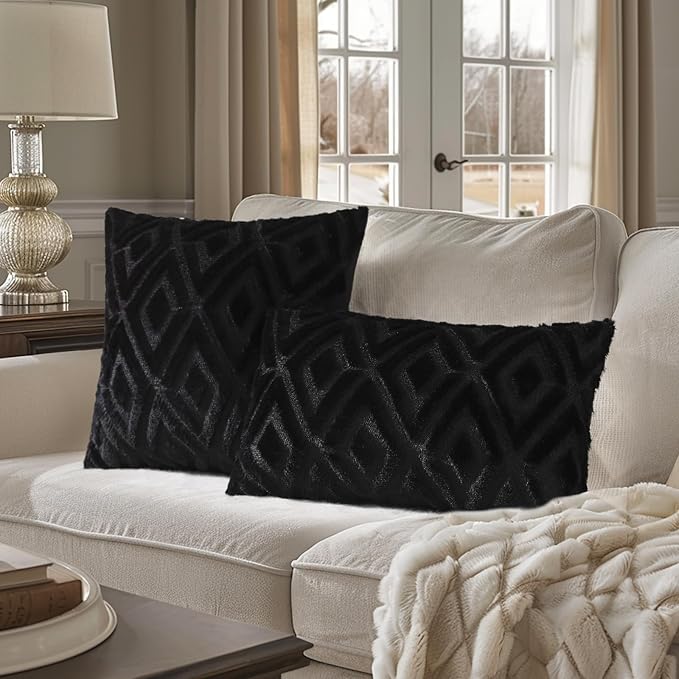 Pallene Black Throw Pillow Covers 18x18 Set of 2, Soft Plush Faux Fur Decorative Couch Pillow Covers for Sofa Bed Living Room Pillow Cases with 3D Diamond Pattern