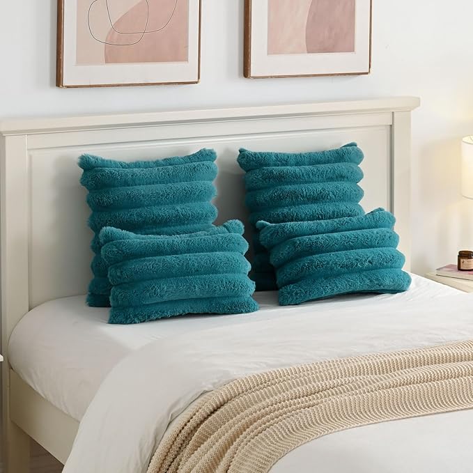 FUTEI Teal Decorative Throw Pillow Covers 16x16 Inch Set of 2, Square Soft Faux Rabbit Fur Big Striped Cushion Cover,Home Decor for Couch Sofa Bed Living Room