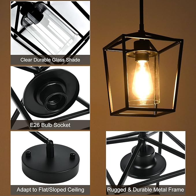 Black Pendant Lights 1-Light Pendant Lights Kitchen Island Farmhouse Lantern Pendant Light Iron Cage Hanging Light Fixtures with Clear Glass Shade for Dining Room, Entryway, Hallway, Porch