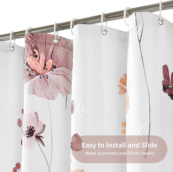 QiyI Watercolor Floral Shower Curtain, 3D Embossed Butterflies Pink Brown Flower Bathroom Curtain, Minimalist White Cloth Bath Curtain, Waterproof Fabric Textured Shower Curtain Set with Hooks, 72x72