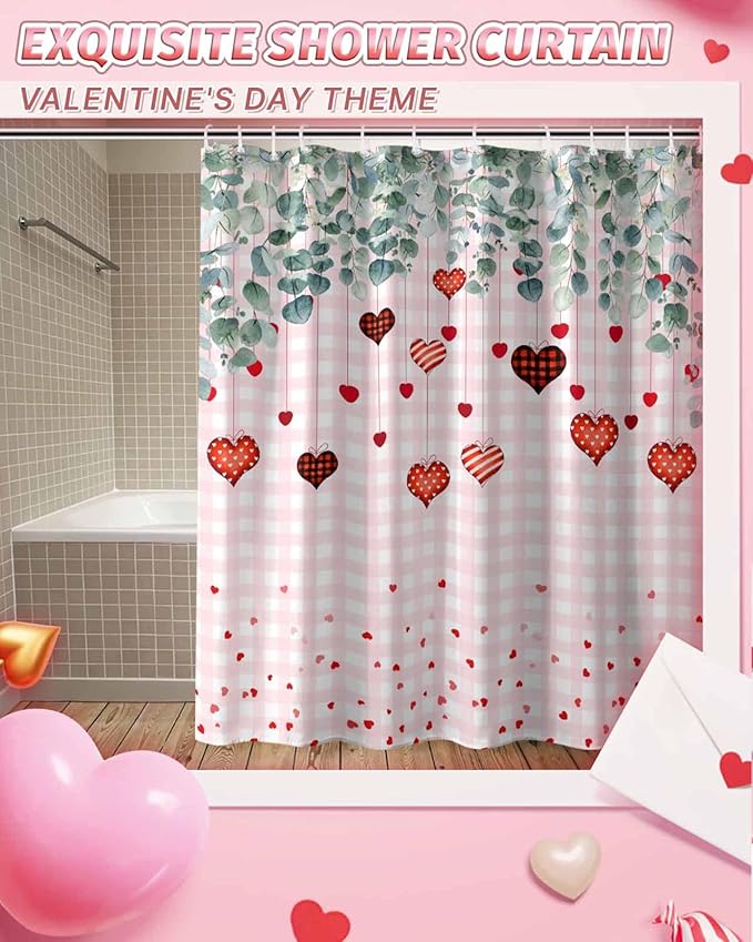 Eucalyptus Love Hearts Valentine's Day Shower Curtain, Pink Buffalo Plaid Shower Curtains Set with Hooks, Waterproof Fabric Bathroom Curtains Decor Home Accessories, Stall Long 36 X 78 Inch