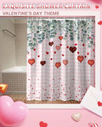 Eucalyptus Love Hearts Valentine's Day Shower Curtain, Pink Buffalo Plaid Shower Curtains Set with Hooks, Waterproof Fabric Bathroom Curtains Decor Home Accessories, Stall Long 36 X 78 Inch