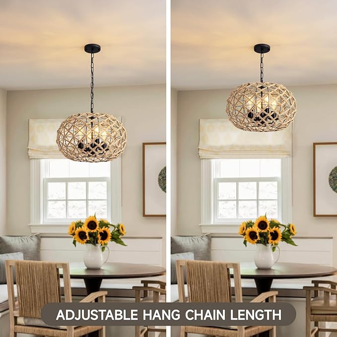 19" Rattan Farmhouse Chandelier Light Fixtures,4-Light Boho Rattan Chandelier for Dining Room Large Hand Woven Pendant Light Hanging Light Fixtures with Fabric Shade for Living Room Bedroom Kitchen