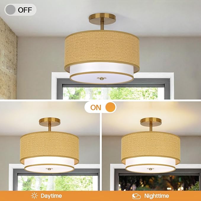 Boho Light Fixtures Woven Rattan-Style Flush Mount Ceiling Light, 12.6inch Closed to Ceiling Light Fixture with 2-Tier Drum Design for Bedrooms, Kitchen, Dining Room, Hallway