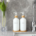 Bathroom Soap Dispenser Set, Bamboo Pumps & Tray, Lotion Dispenser, and Hand Soap Dispenser Bathroom Counter Decor. (White)