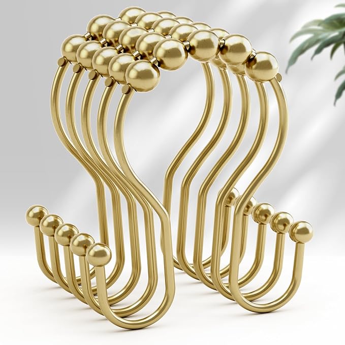 AmazerBath 12Pcs Gold Metal Double Shower Curtain Hooks & Rings, Rust Proof, Smooth Glide, Multipurpose