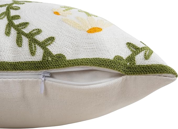 Adabana Embroidered Pillow Cover Set of 2 Farmhouse Decorative Floral Throw Pillow Covers 18x18 inch for Couch Sofa Bed Living Room Decor Green and White