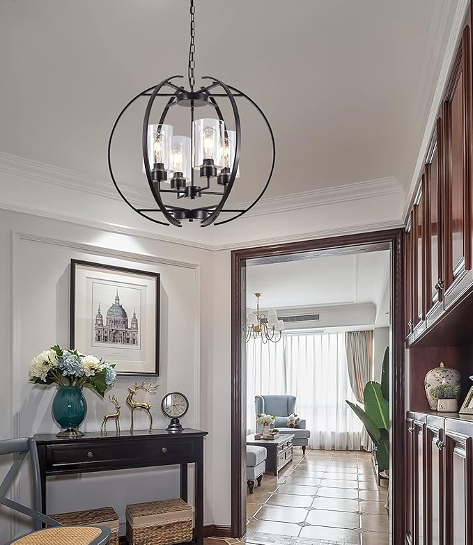 24" Globe Black Chandelier Dining Room Light Fixture Farmhouse Glass Chandeliers Vintage Bedroom Kitchen Island Pendant Lighting Industrial Metal Ceiling Hanging Fixture