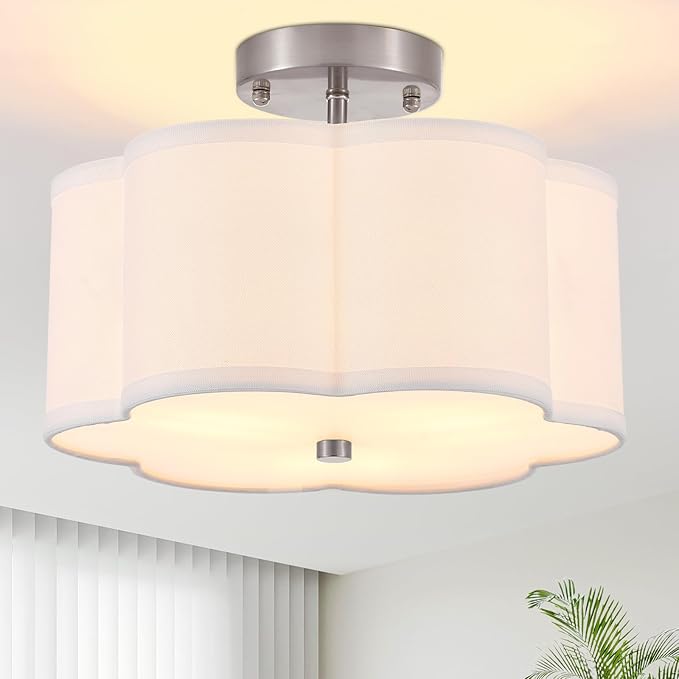 Modern Drum Semi Flush Mount Ceiling Light Fixture Modern 3-Lights Linen Drum Ceiling Lighting with Chrome Finish, Vintage Modern Ceiling Light for Laundry Room, Kitchen, Basement, Bedroom