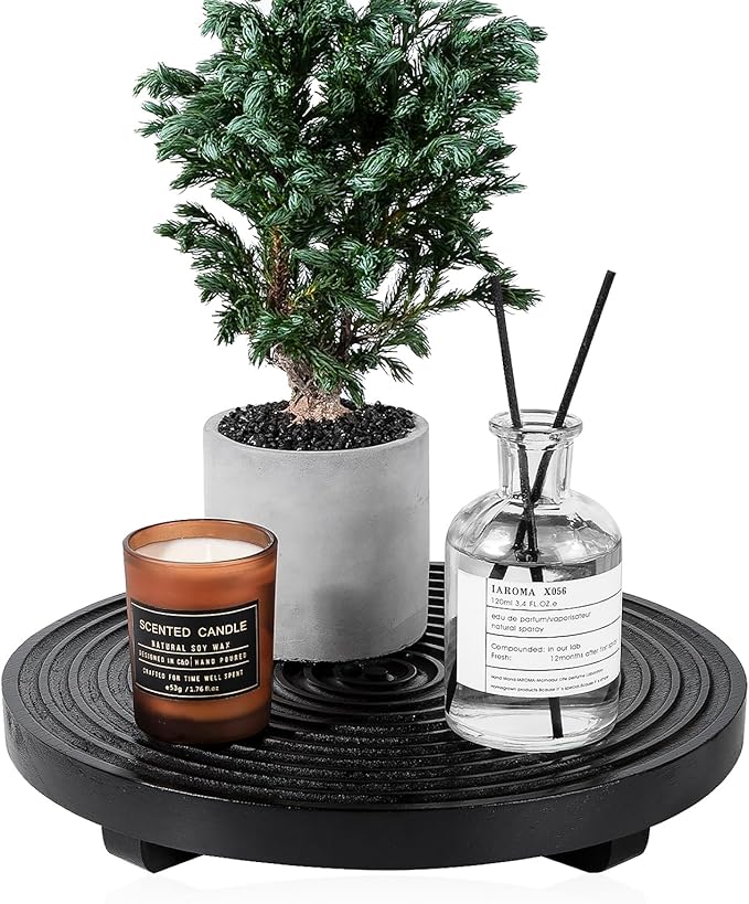 Round Decorative Tray Farmhouse Bathroom Decor Wood Riser Kitchen Countertop Organizer for Perfume, Candle, Plant, 9 inch Black