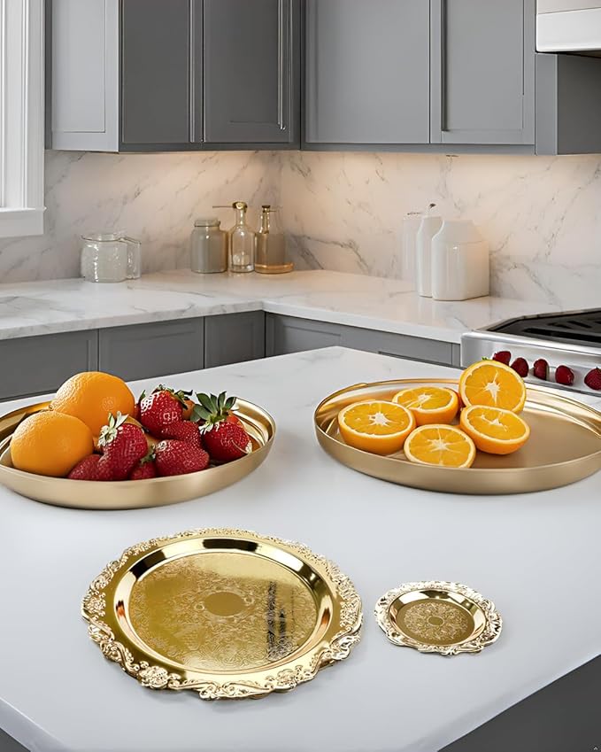 Quluxe Vintage Round Metal Food Serving Tray, 2 Pcs Reusable Decorative Appetizer Platter for Kitchen, Party, Centerpiece Display- Gold (4 Inch+10 Inch)